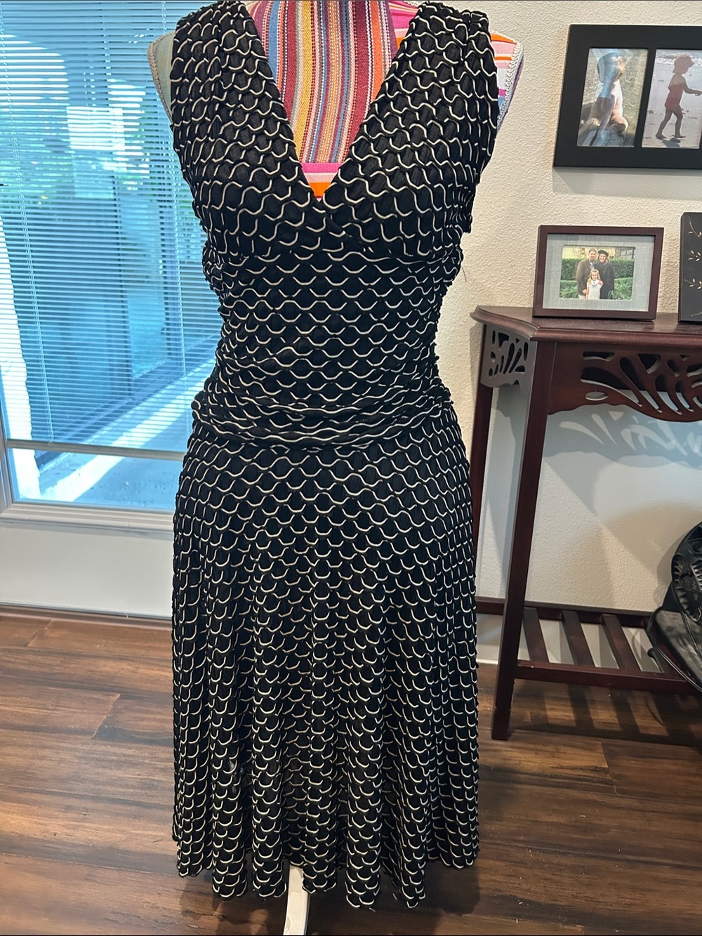 Black & White V-Neck Ruched Midi Dress